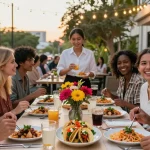 Makan malam di moshimoshimambo.com dengan hidangan internasional yang berwarna-warni di meja.