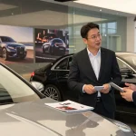 Pengunjung mendiskusikan pilihan sewa mobil mewah LUXURY 777 di showroom modern.