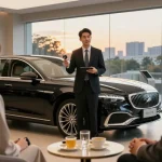 Menampilkan LUXURY 777, mobil mewah di showroom dengan detail elegan dan penjual yang profesional.