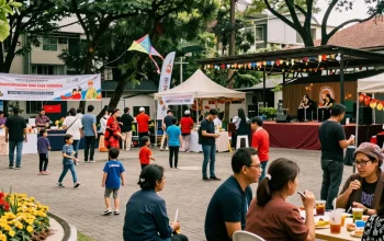 Acara komunitas Leci123 yang meriah di taman kota dengan makanan lokal dan aktivitas masyarakat.