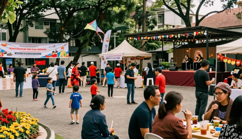 Acara komunitas Leci123 yang meriah di taman kota dengan makanan lokal dan aktivitas masyarakat.