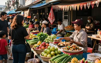 Pasar lokal di Indonesia dengan Leci123 yang menjual makanan segar dan suasana komunitas.